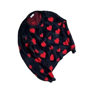 Judson Fuzzy Heart Sweater Sz Large Black Red Printed Pullover Cozy Soft Top
